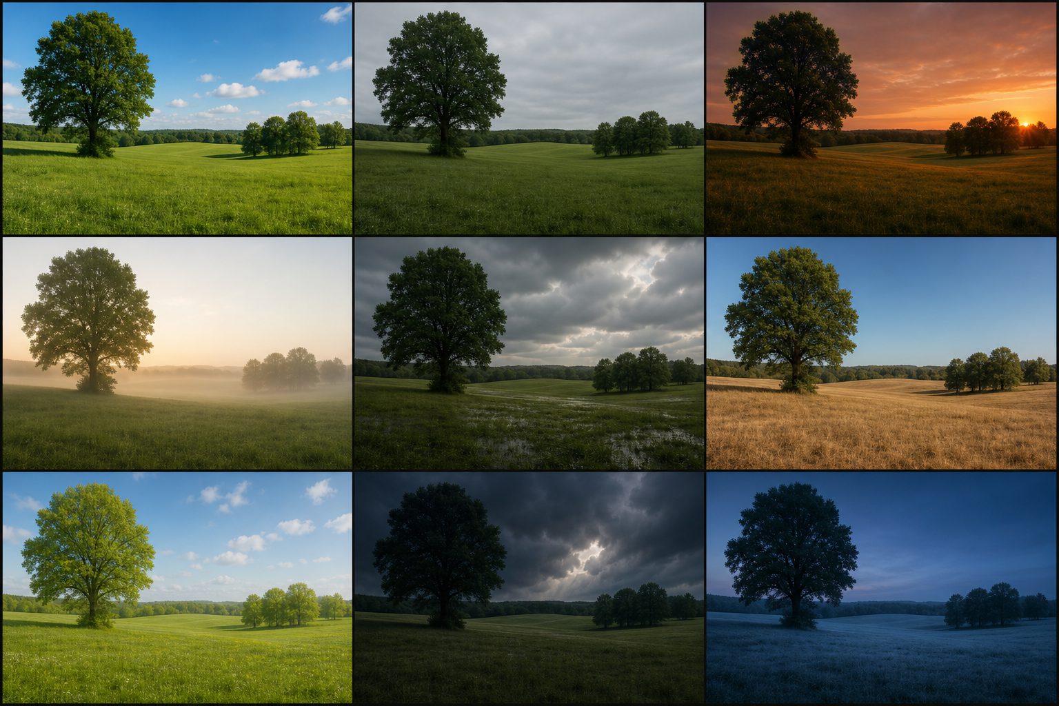 Nine variations of the same outdoor scene shown as a grid, each with different vegetation, ground cover and lighting but identical terrain contours