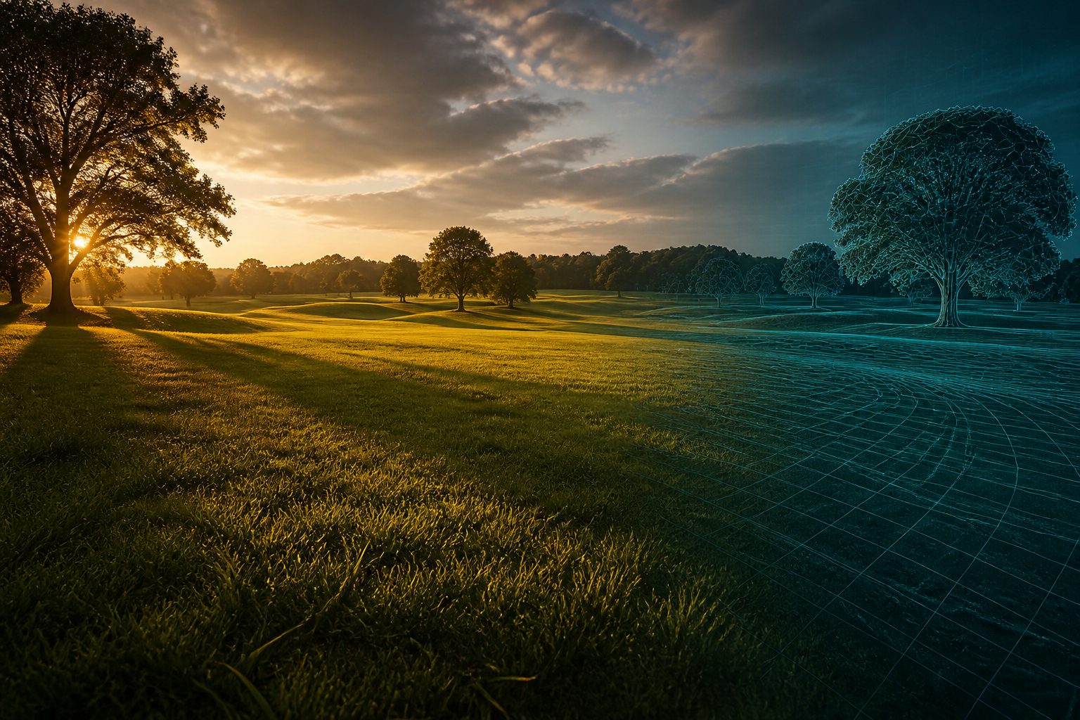 A wide outdoor working landscape at low sun, the right half of the frame rendered as a simulated reconstruction of the left