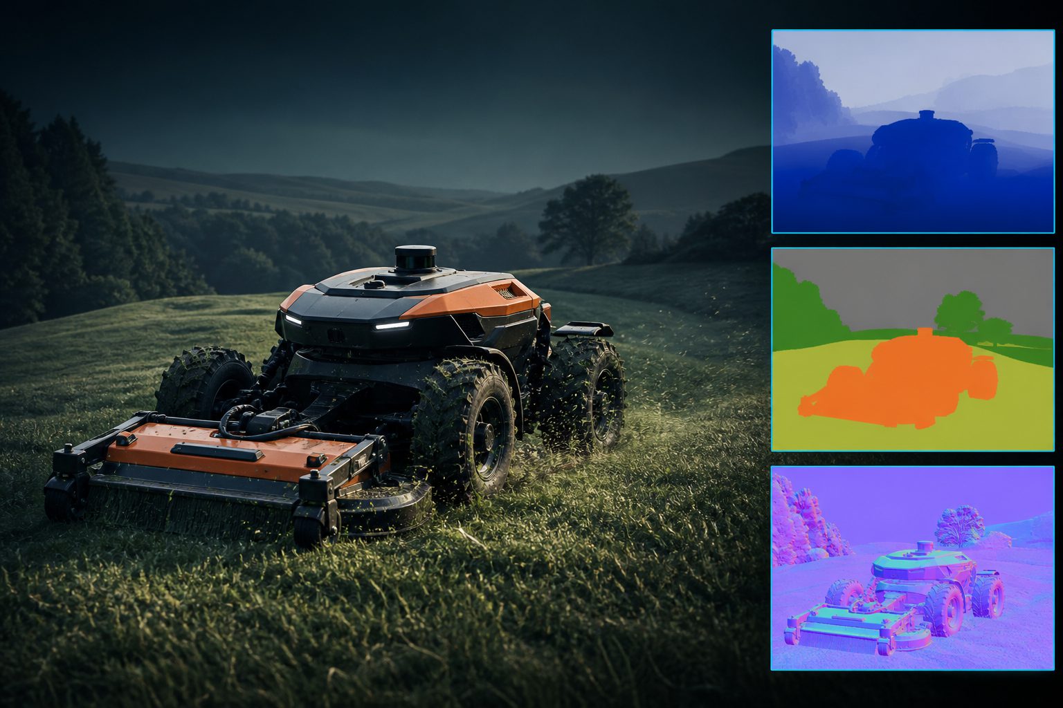A simulated working machine mid-turn on rendered terrain, with its depth, segmentation and surface-normal views shown as insets