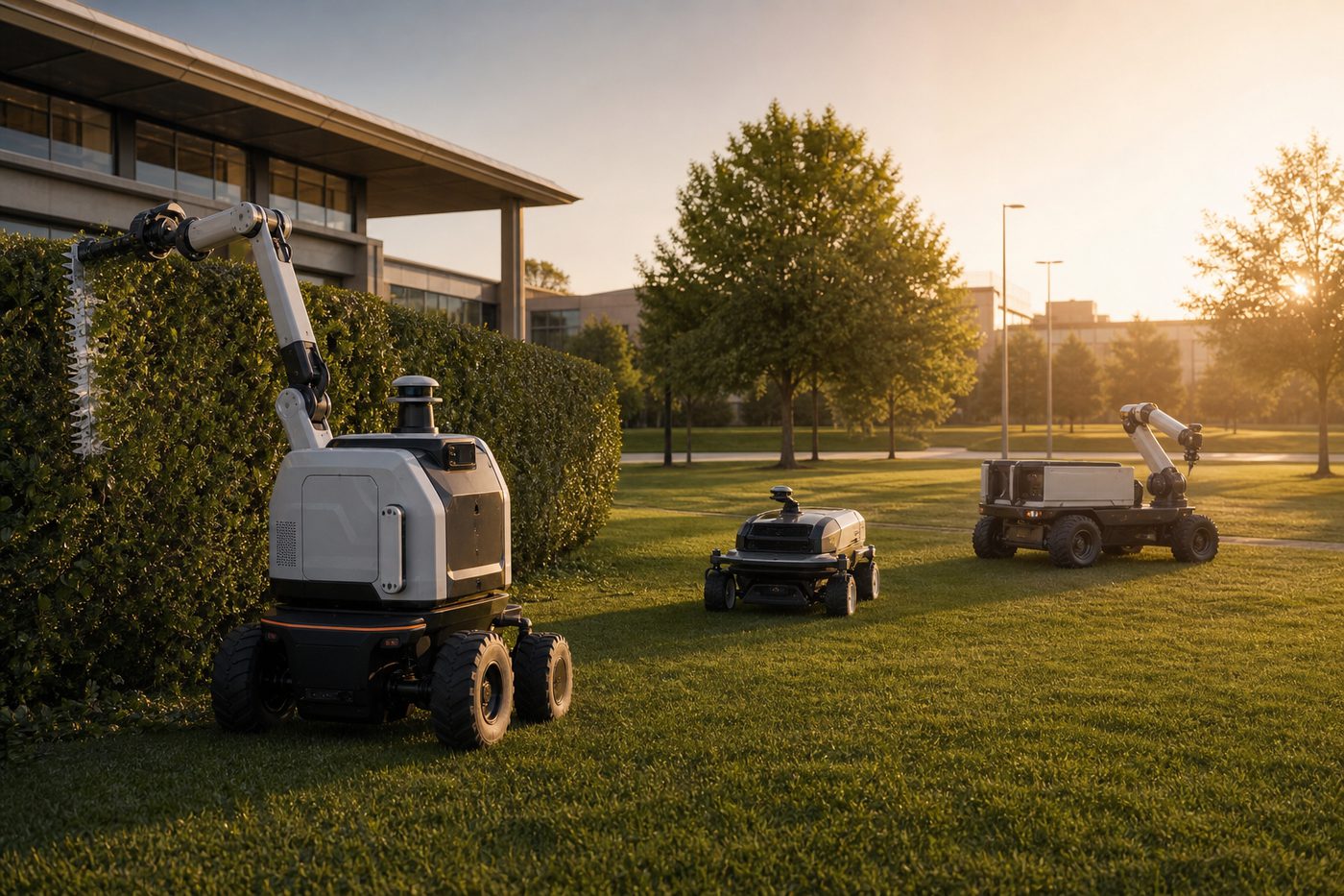Concept render of a four-wheel-steered outdoor working robot with a sensor mast and an articulated arm carrying an interchangeable brush tool, working along a fence line